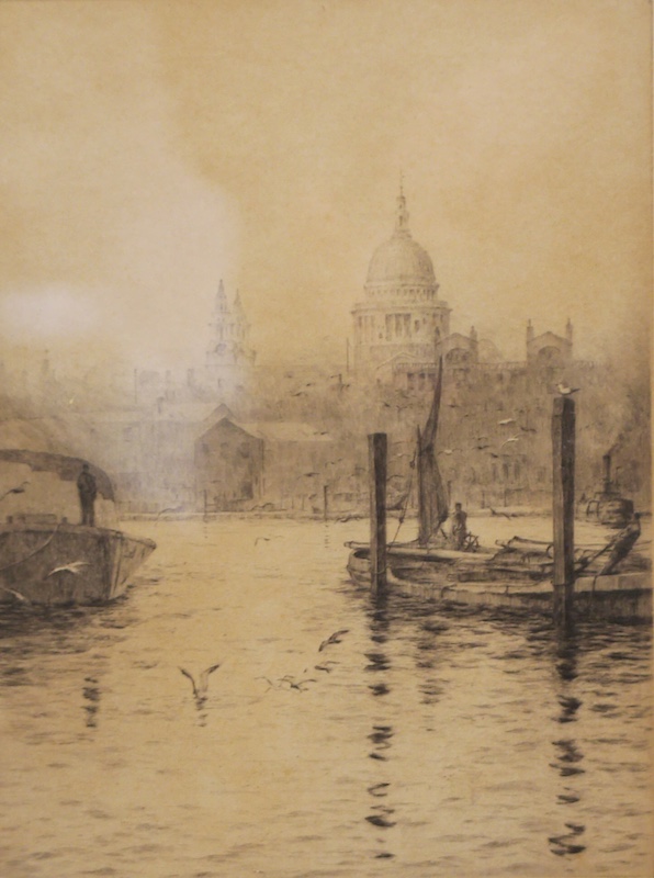 Rowland Langmaid RA (1897-1956), etching, ‘St. Paul's from the Thames’, Academy proof, signed in pencil, 29 x 22cm. Condition - fair, some discolouration throughout